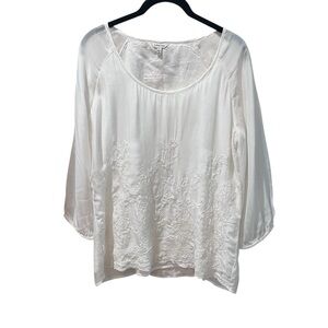 J Peterman White Silk Tunic Blouse‎ Floral Embroidered  Sequins Size 6